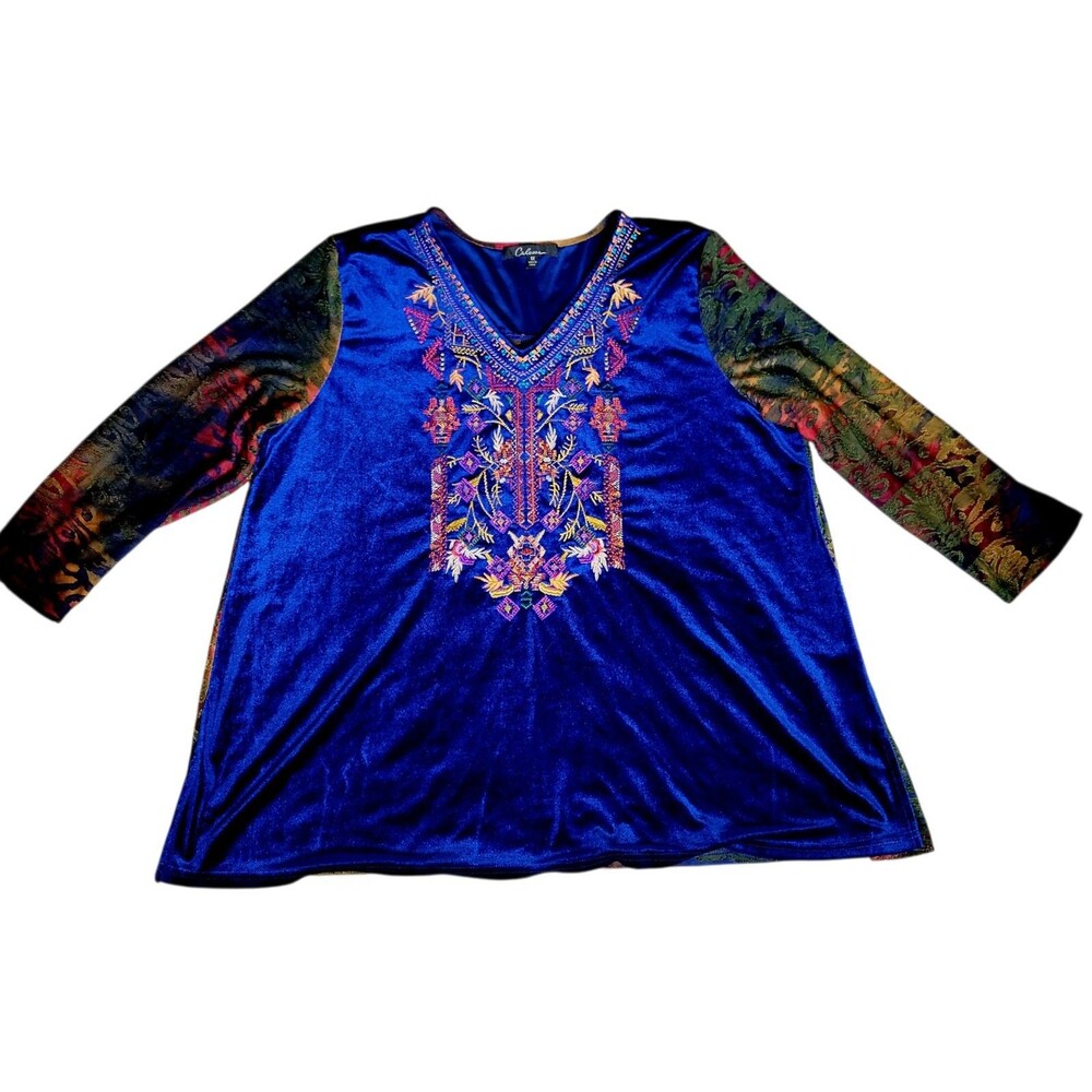 Calessa Women Top Size 1X Multicolor Velvet Embroidery Damask - Picture 3 of 10